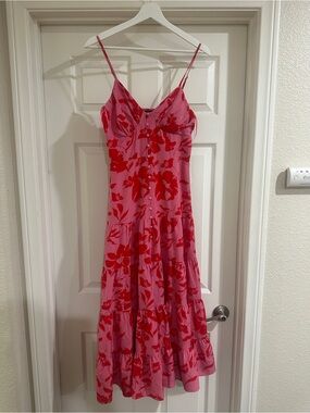 Feminine Pink Maxi Dress with Red Floral Print — Spaghetti Strap Summer Maxi